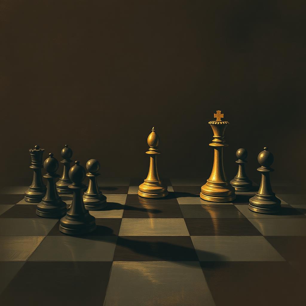 A chessboard with shadowy pawns and a gold king