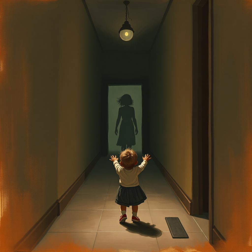 A child reaching toward a distant mother figure in a dim hallway